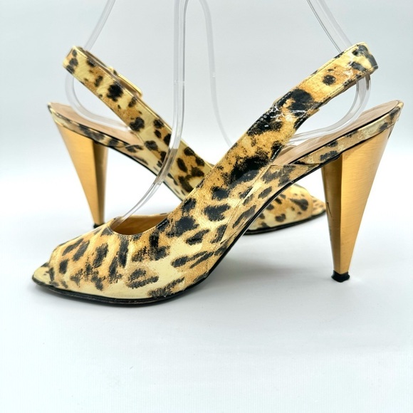 STUART WEITZMAN GOLD ANIMAL PRINTS SLING BACK HEELS OPEN TOE SHOE PATENT LEATHER - Picture 10 of 15